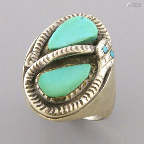 VINTAGE ZUNI STERLING SILVER SNAKE TURQUOISE RING SIZE 12 HE...