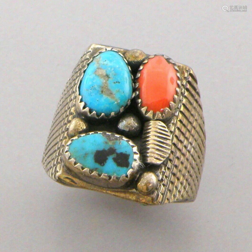 VINTAGE BEAUTIFUL NAVAJO STERLING SILVER TURQUOISE CORAL UNI...