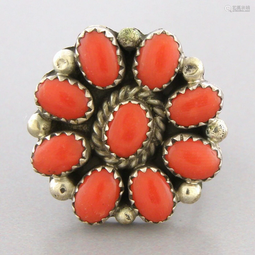 VINTAGE NAVAJO STERLING SILVER CORAL FLOWER RING