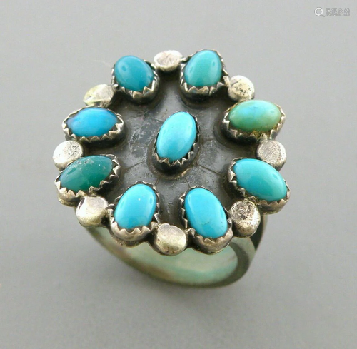 VINTAGE ZUNI PETIT POINT STERLING SILVER TURQUOISE RING