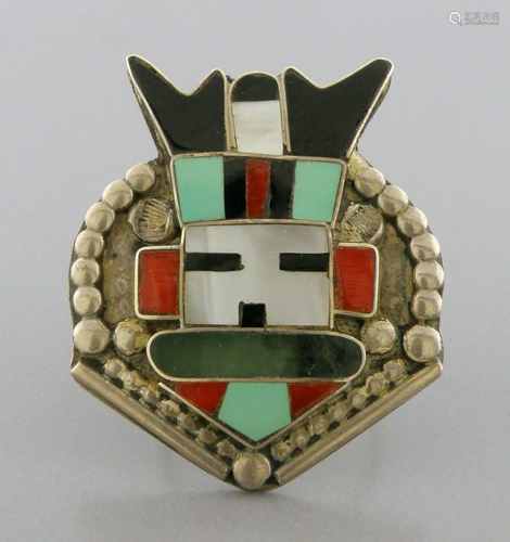 VINTAGE ZUNI SILVER MOP CORAL TURQUOISE CHIEF RING