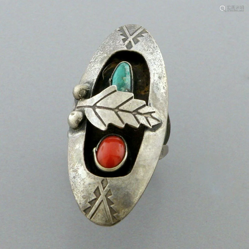 VINTAGE BEAUTIFUL NAVAJO STERLING TURQUOISE CORAL RING