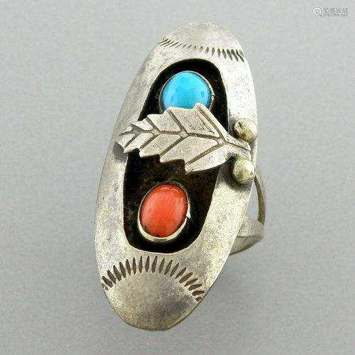 VINTAGE BEAUTIFUL NAVAJO SILVER TURQUOISE CORAL RING