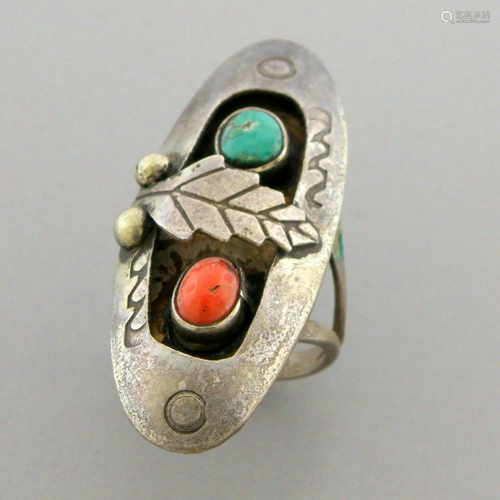 VINTAGE BEAUTIFUL NAVAJO SILVER TURQUOISE CORAL RING