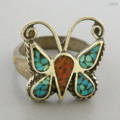 VINTAGE SOUTHWEST SILVER CORAL TURQUOISE BUTTERFLY RING