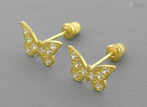 14K YELLOW GOLD CHILDRENS FANCY BUTTERFLY PAVE STUD CZ