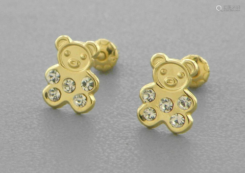 14K YELLOW GOLD CHILDRENS FANCY TEDDY BEAR STUD CZ