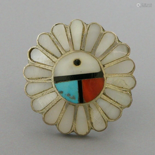 VINTAGE ZUNI STERLING SILVER CORAL TURQUOISE INLAY RING