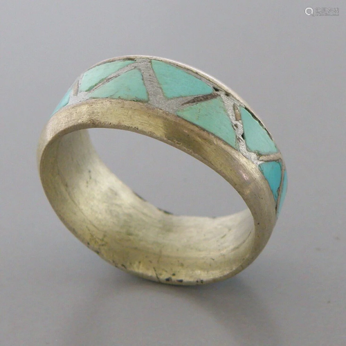 VINTAGE NAVAJO STERLING SILVER TURQUOISE INLAY BAND RING SIZ...