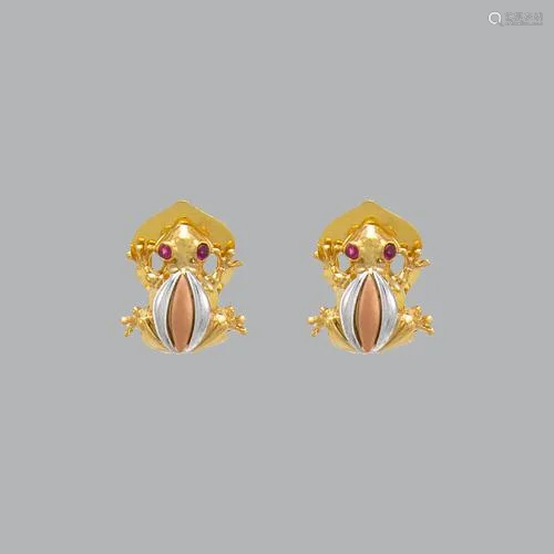 14K TRI COLOR GOLD LADIES FANCY FROG CZ STUD EARRINGS