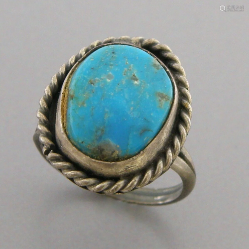 VINTAGE BEAUTIFUL EARLY NAVAJO STERLING SILVER TURQUOISE RIN...