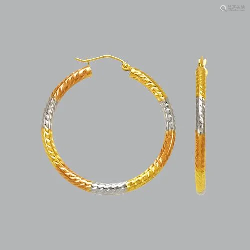 14K TRI COLOR GOLD ROUND HOOP TUBE EARRINGS 2.5mm