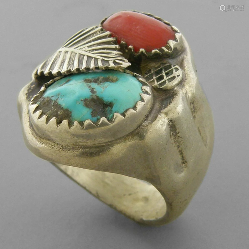 VINTAGE NAVAJO STERLING SILVER CORAL TURQUOISE RING 32g