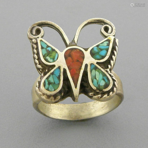 VINTAGE SOUTHWESTERN STERLING CORAL & TURQUOISE RING