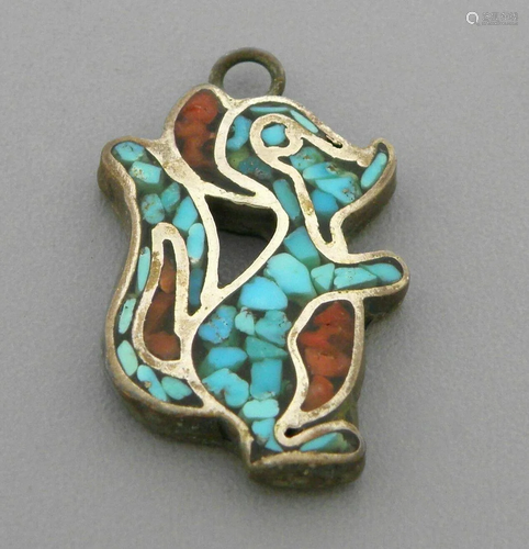 VINTAGE NAVAJO SILVER TURQUOISE CORAL INLAY PENDANT