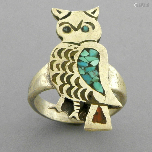 VINTAGE SOUTHWESTERN SILVER CORAL TURQUOISE OWL SIZE 5