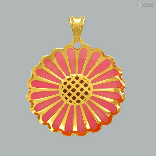 NEW 14K YELLOW GOLD ENAMEL PENDANT / CHARM FLOWER