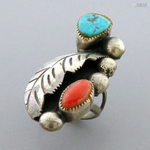 VINTAGE BEAUTIFUL NAVAJO STERLING SILVER TURQUOISE CORAL RIN...