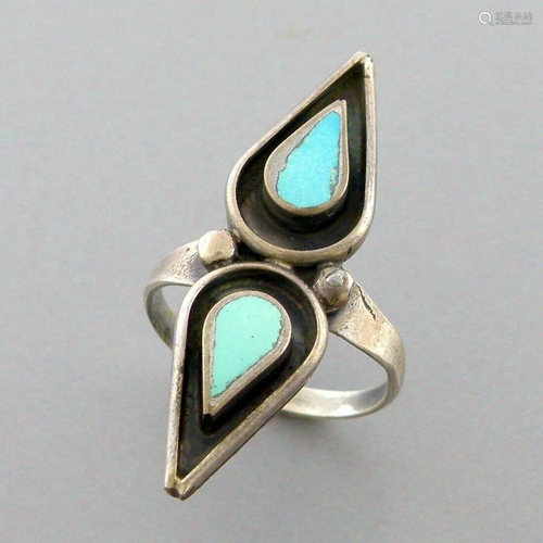 VINTAGE BEAUTIFUL NAVAJO STERLING SILVER INLAY TURQUOISE RIN...