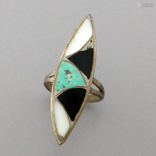 VINTAGE ZUNI STERLING SILVER MOP ONYX TURQUOISE INLAY RING