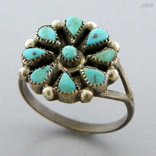 VINTAGE ZUNI PETIT POINT STERLING SILVER TURQUOISE FLOWER RI...