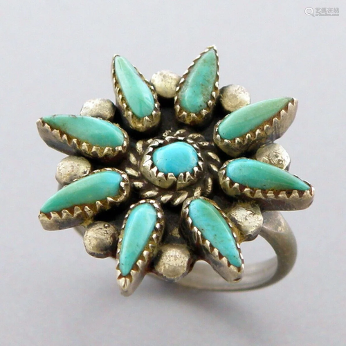 VINTAGE ZUNI PETIT POINT STERLING SILVER TURQUOISE FLOWER RI...