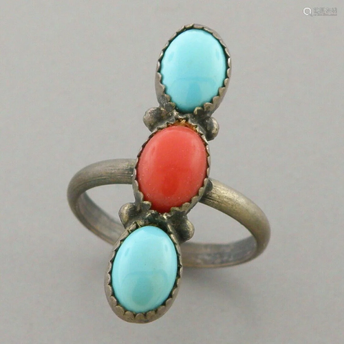 VINTAGE NAVAJO STERLING SILVER OX BLOOD CORAL TURQUOISE RING