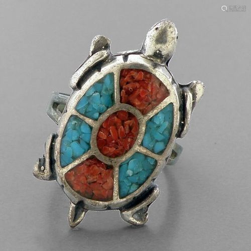 VINTAGE NAVAJO STERLING SILVER CORAL & TURQUOISE INLAY T...