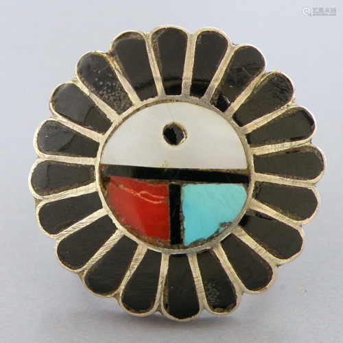 VINTAGE ZUNI STERLING SILVER ONYX MOP CORAL TURQUOISE INLAY ...