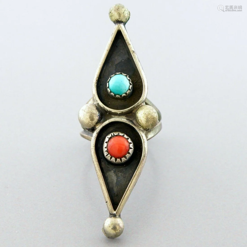 VINTAGE NAVAJO STERLING SILVER TEARDROP TURQUOISE CORAL RING...