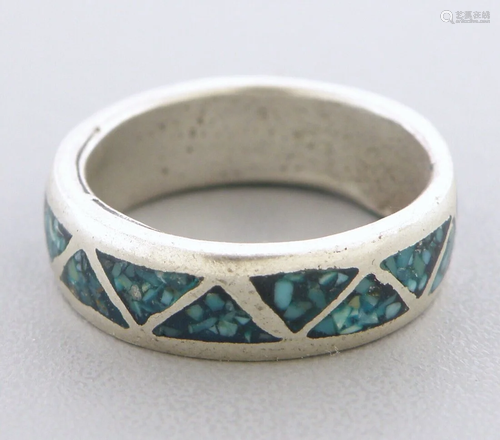 VINTAGE NAVAJO STERLING SILVER TURQUOISE INLAY BAND RING SIZ...