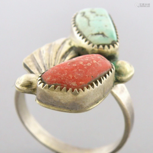 VINTAGE BEAUTIFUL NAVAJO STERLING SILVER TURQUOISE CORAL RIN...