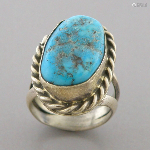 VINTAGE BEAUTIFUL NAVAJO STERLING SILVER NUGGET TURQUOISE RI...