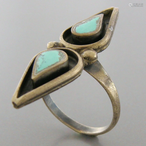 VINTAGE BEAUTIFUL NAVAJO STERLING SILVER INLAY TURQUOISE RIN...