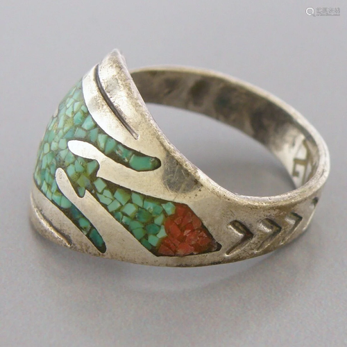 VINTAGE NAVAJO STERLING SILVER CORAL & TURQUOISE INLAY R...