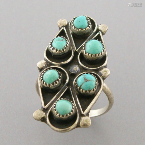 VINTAGE NAVAJO STERLING SILVER SNAKE EYES TURQUOISE RING SIZ...