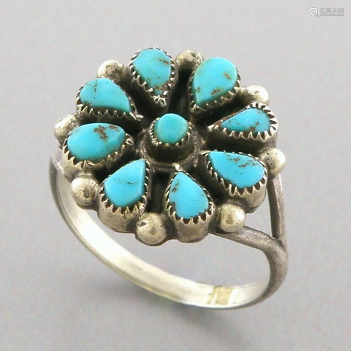 VINTAGE ZUNI PETIT POINT STERLING SILVER TURQUOISE FLOWER RI...