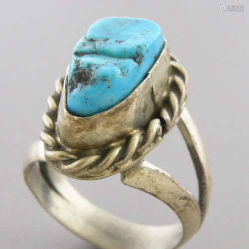 VINTAGE BEAUTIFUL NAVAJO STERLING SILVER NUGGET TURQUOISE RI...