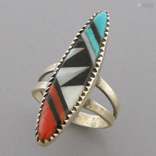 VINTAGE ZUNI STERLING SILVER MOP CORAL ONYX TURQUOISE INLAY ...