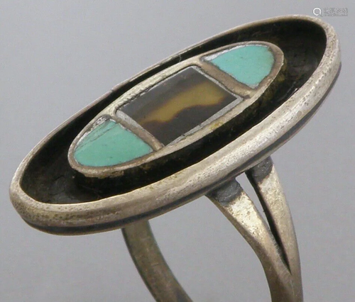 VINTAGE BEAUTIFUL NAVAJO STERLING SILVER INLAY TURQUOISE TIG...