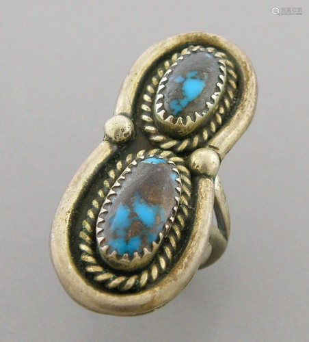 VINTAGE BEAUTIFUL NAVAJO STERLING SILVER DOUBLE TURQUOISE RI...