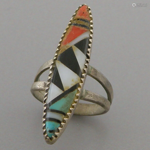 VINTAGE ZUNI STERLING SILVER MOP CORAL ONYX TURQUOISE INLAY ...