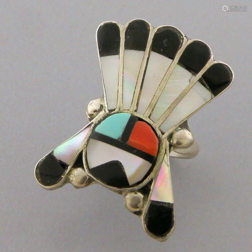 VINTAGE ZUNI STERLING SILVER MOP CORAL TURQUOISE SUNFACE INL...