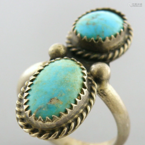 VINTAGE BEAUTIFUL NAVAJO STERLING SILVER DOUBLE TURQUOISE RI...