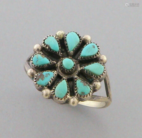 VINTAGE ZUNI PETIT POINT STERLING SILVER TURQUOISE FLOWER RI...