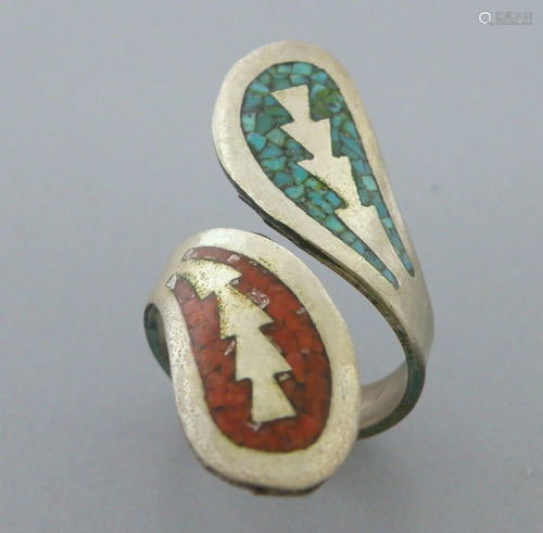 VINTAGE NAVAJO STERLING SILVER CORAL & TURQUOISE INLAY C...