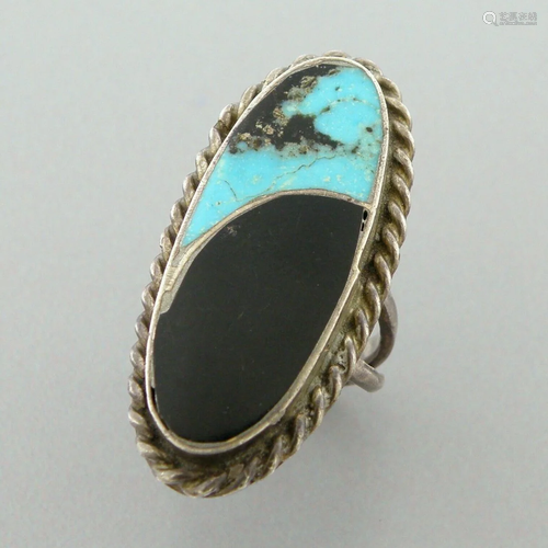 VINTAGE BEAUTIFUL NAVAJO N.LEE STERLING SILVER TURQUOISE ONY...