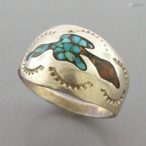 VINTAGE NAVAJO STERLING SILVER CORAL & TURQUOISE INLAY B...