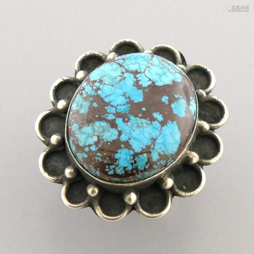 VINTAGE NAVAJO STERLING SILVER LARGE TURQUOISE FLOWER RING