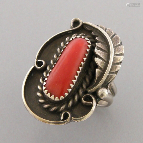 VINTAGE NAVAJO STERLING SILVER LARGE RED OX BLOOD CORAL RING